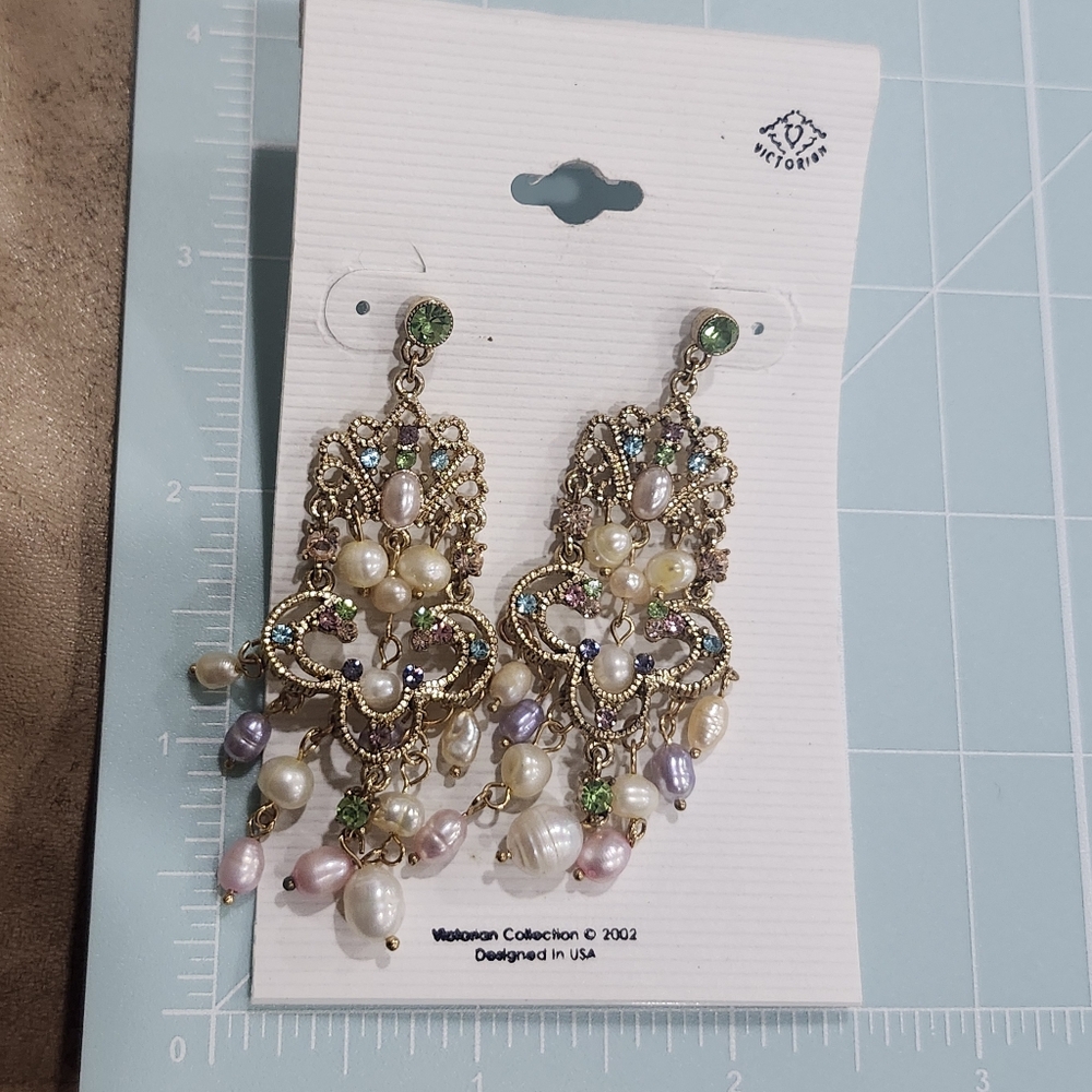 Victorion Gold Tone Multicolor Crystal And  Pearl Chandelier Earrings